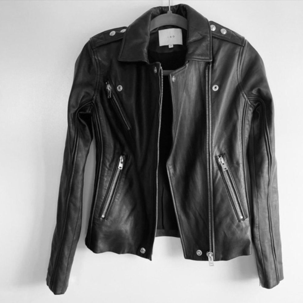 IRO Tara Black Leather Biker Jacket Size 34